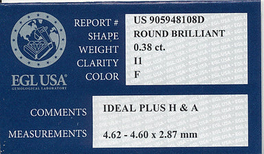0.38 Carat Natural Affordable Loose Round Hearts and Arrows Diamond F Color I1 Clarity | EGL USA Report - alternate view