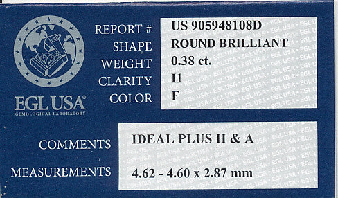 0.38 Carat Natural Affordable Loose Round Hearts and Arrows Diamond F Color I1 Clarity | EGL USA Report - Item: D496 - Image: 2