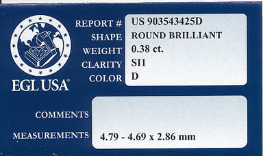 0.38 Carat D Color SI1 Clarity with EGL USA Report | Natural Loose Round Diamond - alternate view