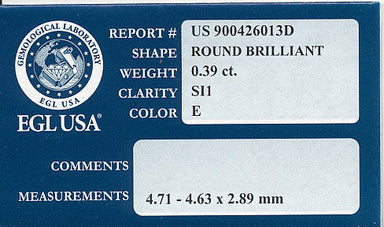 0.39 Carat Natural Loose Round E Color Diamond SI1 Clarity with EGL USA Report - alternate view