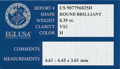 0.39 Carat H Color VS1 Clarity Natural Round Loose Diamond | EGL USA Report - alternate view