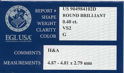 0.40 Carat Hearts and Arrows Cut Loose Round Brilliant Diamond G Color VS2 Clarity with EGL USA Report - Item: D461 - Image: 2