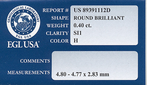 0.40 Carat H Color SI1 Clarity Loose Diamond | Round Brilliant | EGL Report - Item: D191 - Image: 2