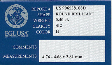 0.40 Carat H Color SI2 Clarity Loose Round Brilliant Natural Diamond with EGL USA Report - alternate view