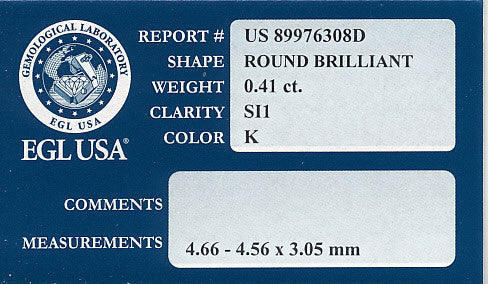 0.41 Carat K Color SI1 Clarity with EGL USA Report - Natural Loose Round Diamond - Item: D208 - Image: 2