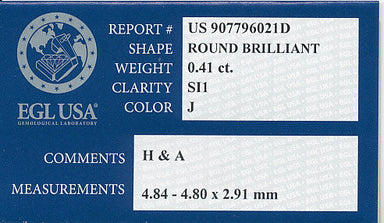 0.41 Carat Excellent Hearts and Arrows Cut | J Color SI1 Clarity Loose Round Brilliant Natural Diamond with EGL Report - alternate view