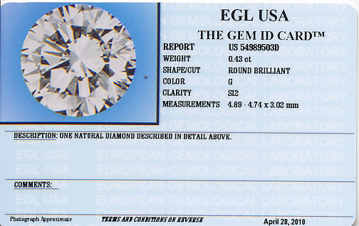 0.43 Carat Natural Loose Round Diamond G Color SI2 Clarity EGL USA | Very Good Symmetry - Item: D218 - Image: 2