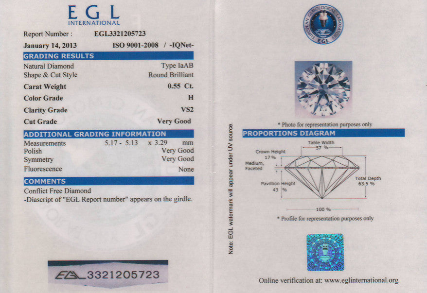 0.55 Carat H Color VS2 Clarity Loose Diamond Natural | Very Good Cut | Non Conflict Diamond | EGL Report - Item: D580 - Image: 2