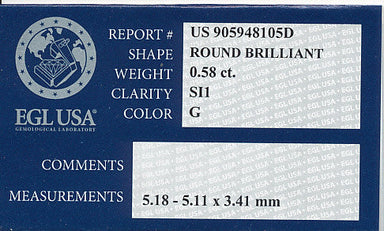0.58 Carat G Color SI1 Clarity Natural Loose Diamond - Good Cut with EGL USA Report - alternate view