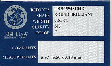 Loose Round 0.61 Carat F Color SI3 Clarity Diamond Natural and Eye Clean with Very Good Cut and EGL USA Report - alternate view