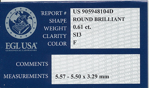 Loose Round 0.61 Carat F Color SI3 Clarity Diamond Natural and Eye Clean with Very Good Cut and EGL USA Report - Item: D499 - Image: 2