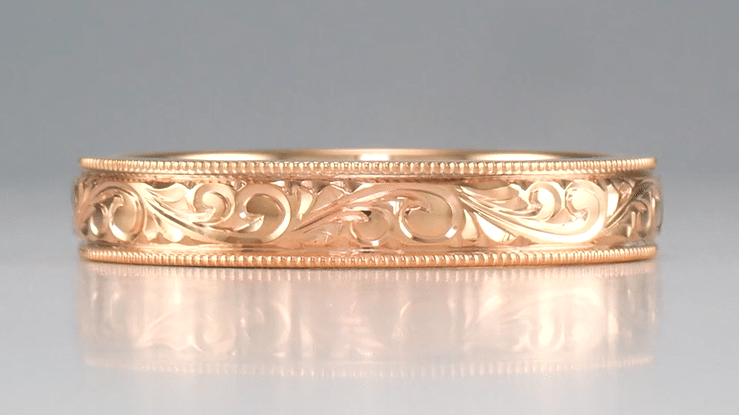 14K Rose Gold Antique Style Men's Victorian Carved Acanthus Wedding Band - 4mm - Item: R1235MR - Image: 5