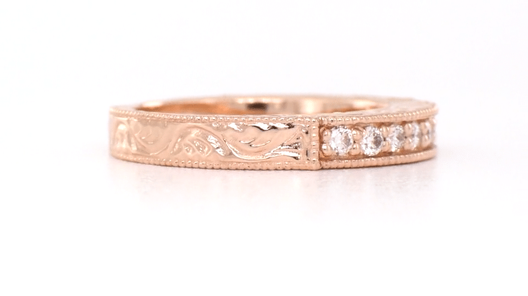 Art Deco Scrolls Engraved Diamond Wedding Ring in 14 Karat Rose Gold ( Pink Gold ) - Item: WR628R-LC - Image: 4