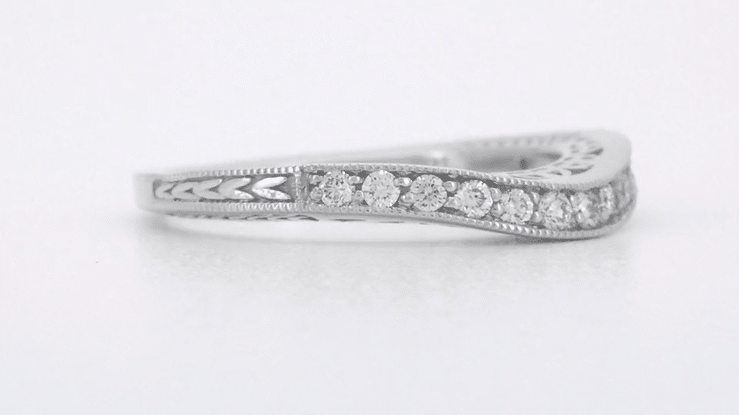 White Gold Art Deco Curved Filigree and Wheat Engraved Diamond Wedding Band - Item: WR296W14D - Image: 4