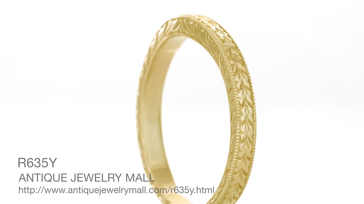 Art Deco Yellow Gold Curved Engraved Wheat Wedding Band with Milgrain Edges - Item: R635Y10 - Image: 4