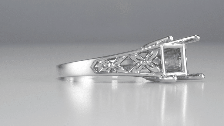 1905 Art Nouveau Design Flowers & Leaves Filigree Engagement Ring Setting for a Round 3/4 - 1 Carat Diamond in 14 or 18 Karat White Gold - Item: R988 - Image: 6