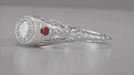 1920's Low Dome Filigree Engagement Ring With Side Rubies in 14 Karat White Gold