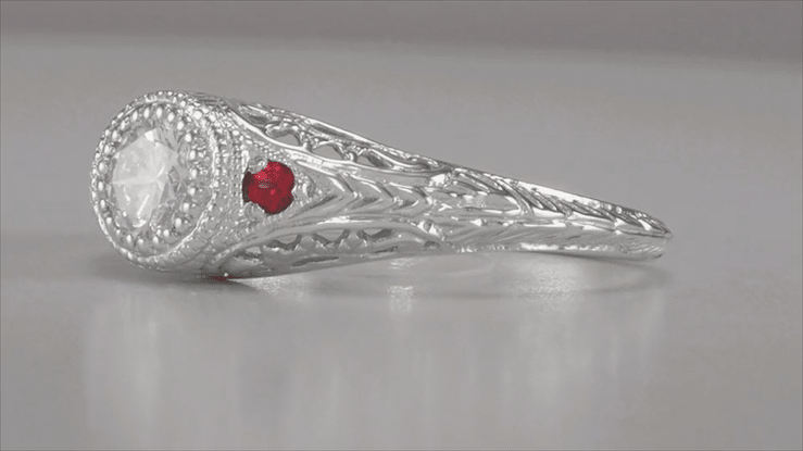 1920's Low Dome Filigree Engagement Ring With Side Rubies in 14 Karat White Gold - Item: R464WR - Image: 4
