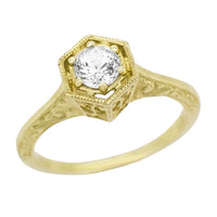 Art Deco White Sapphire Hexagonal Filigree Engagement Ring in 14K Yellow Gold