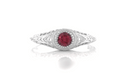 Art Deco Engraved Rhodolite Garnet and Diamond Filigree Engagement Ring in White Gold