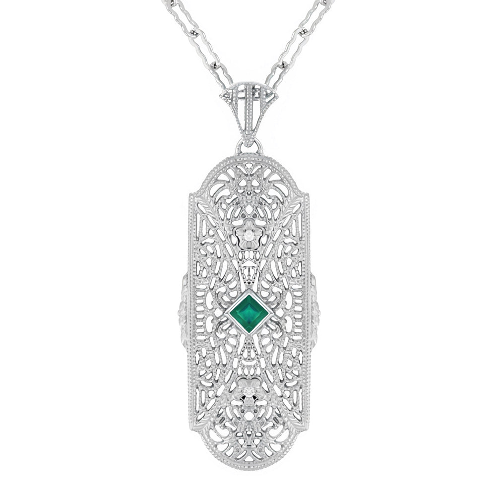 1920's Art Deco Floral Filigree Lozenge Shape Lab Created Emerald Necklace with Diamonds in Sterling Silver