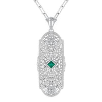 1920's Art Deco Floral Filigree Lozenge Shape Lab-Grown Emerald Necklace with Diamonds in Sterling Silver