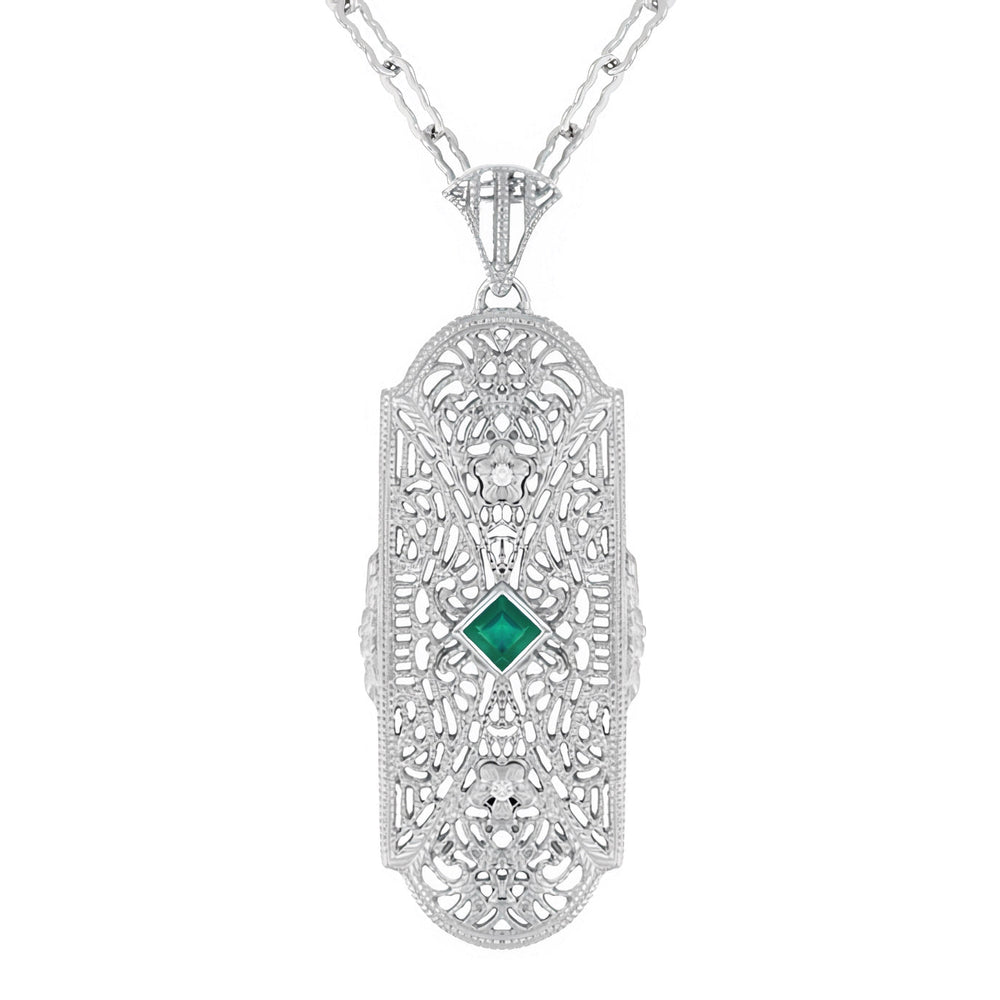 1920's Art Deco Floral Filigree Lozenge Shape Lab-Grown Emerald Necklace with Diamonds in Sterling Silver