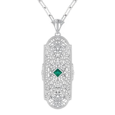 1920's Art Deco Floral Filigree Lozenge Shape Lab-Grown Emerald Necklace with Diamonds in Sterling Silver