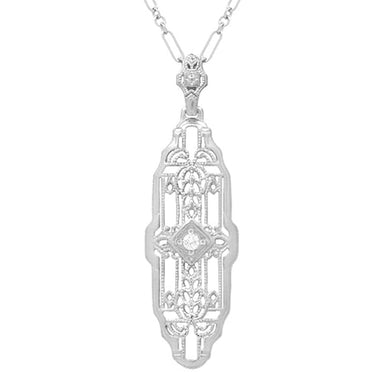 1920's Art Deco Filigree Lozenge Shape Diamond Pendant in Sterling Silver