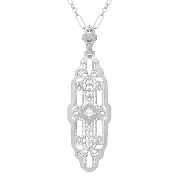 1920's Art Deco Filigree Lozenge Shape Diamond Pendant in Sterling Silver