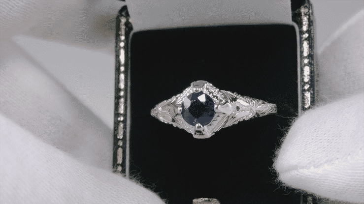 Art Deco Blue Sapphire Engraved Filigree Engagement Ring in 14 Karat White Gold - Item: R161W75S - Image: 5