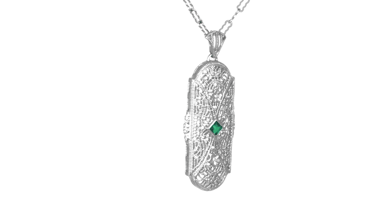 1920's Art Deco Floral Filigree Lozenge Shape Lab Created Emerald Necklace with Diamonds in Sterling Silver - Item: N151E - Image: 6