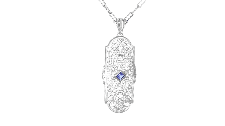 1920's Art Deco Floral Filigree Tanzanite Pendant Necklace in Sterling Silver with Diamonds - Item: N151TA - Image: 6