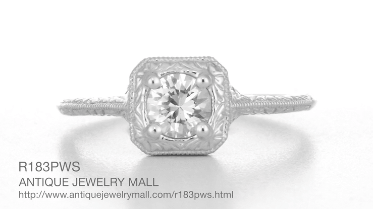 Filigree Scrolls Engraved White Sapphire Engagement Ring in Platinum - Item: R183PWS - Image: 4