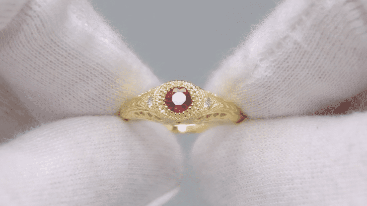1920's Art Deco Yellow Gold Ruby Filigree Engagement Ring with Side Diamonds - Item: R189Y14 - Image: 8