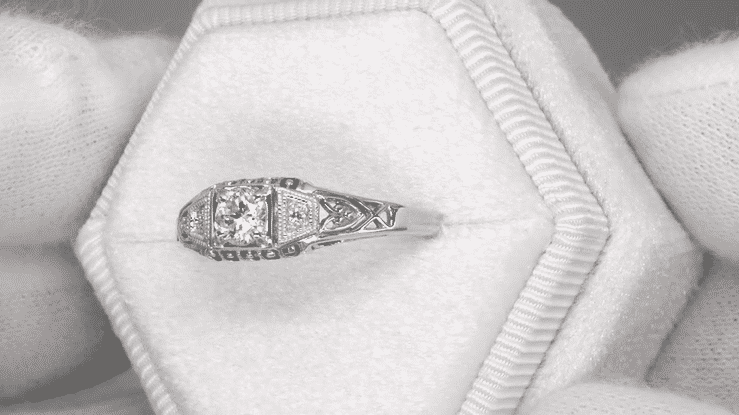 1920's Design White Sapphire Filigree Art Deco Engagement Ring in 14 Karat White Gold - Item: R228WS - Image: 6