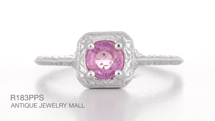 Filigree Scrolls Engraved Platinum Pink Sapphire Art Deco Engagement Ring - Item: R183PPS - Image: 4