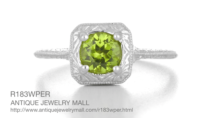 1920's Filigree Scroll Engraved Peridot Engagement Ring in 14 Karat White Gold - Item: R183WPER - Image: 4