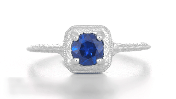 1920's Filigree Scrolls Hand Engraved Art Deco Platinum Sapphire Engagement Ring - Item: R184P - Image: 6