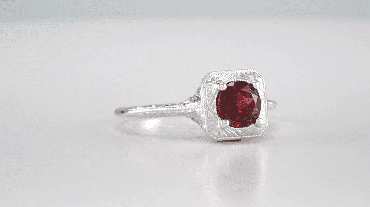 Art Deco Pyrope Garnet Filigree Scrolls Engraved Ring in 14 Karat White Gold - Item: R183WPG - Image: 5