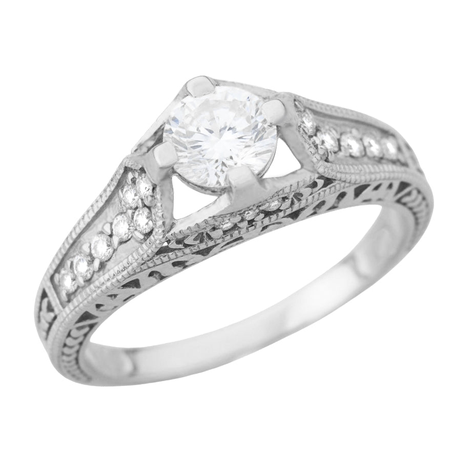 Art Deco Belnord Filigree Diamond Engagement Ring in 18 Karat White Gold - Item: R296W50D - Image: 4