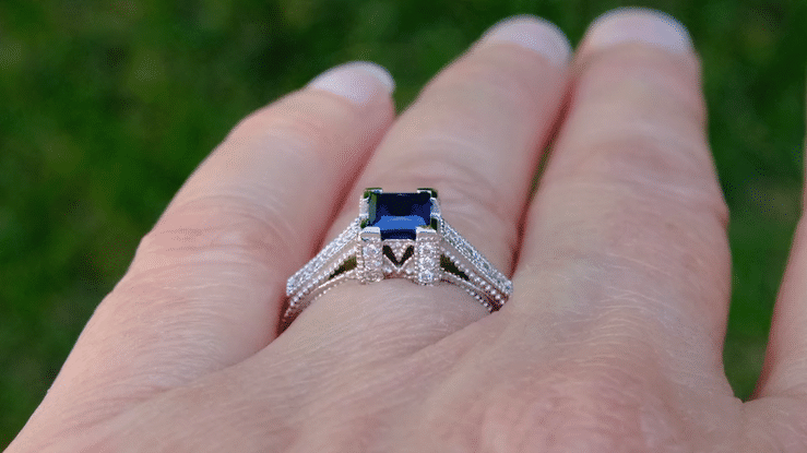 1920's Vintage Inspired Princess Cut Square Blue Sapphire Engagement Ring in 18K White Gold | 3/4 Carat - Item: R662S - Image: 4