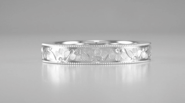 1920's Vintage Style Platinum Art Deco Carved Floral Fan Wedding Ring with Millgrain Edges - 4mm - Item: R1159P - Image: 5