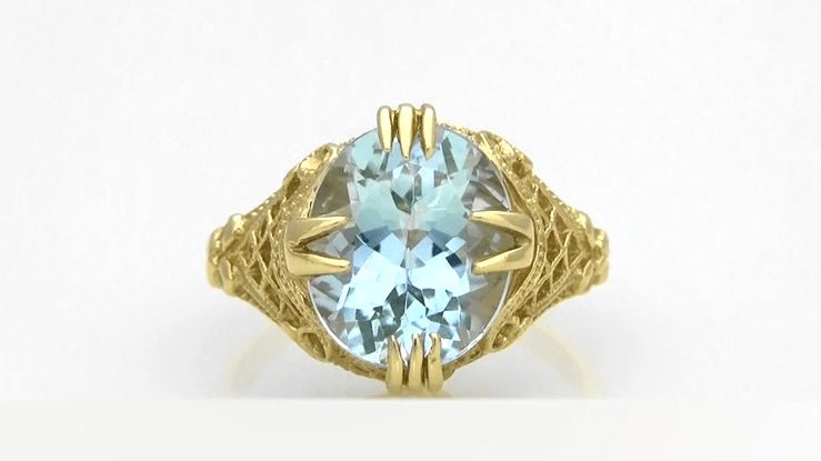 1920's Yellow Gold Art Deco 4.5 Carat Oval Aquamarine Filigree Ring - Item: R157YA - Image: 5