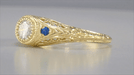 1920's Yellow Gold Low Dome Art Deco Engraved Filigree Diamond Engagement Ring with Side Blue Sapphires