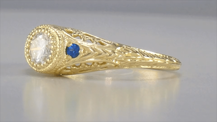 1920's Yellow Gold Low Dome Art Deco Engraved Filigree Diamond Engagement Ring with Side Blue Sapphires - Item: R464YS - Image: 4
