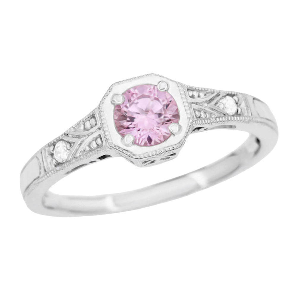 Art Deco Square Frame Filigree Natural Pink Sapphire Engagement Ring in White Gold - Item: R298W14PS - Image: 3