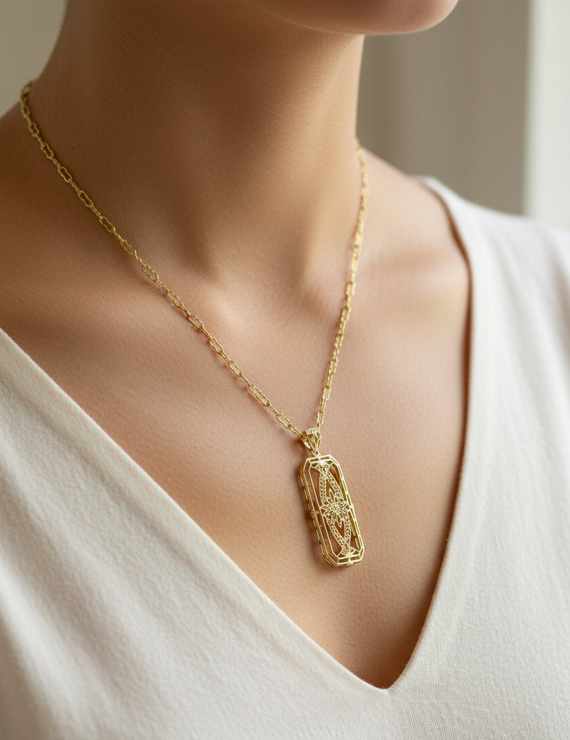 1930's Art Deco Filigree Ichthus Diamond Pendant in Yellow Gold Vermeil Over Sterling Silver - Item: N161YD - Image: 5