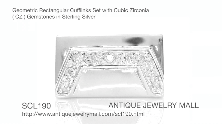 1950's Design Geometric Rectangular Solid Sterling Silver Mid Century Modern Cufflinks with Cubic Zirconia - Item: SCL190 - Image: 3