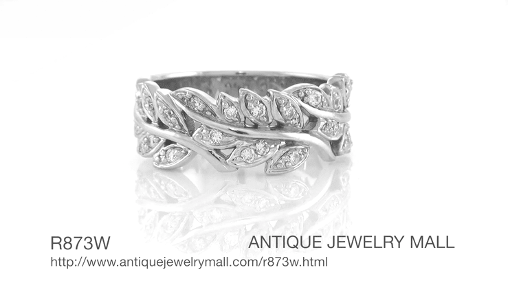 Mid Century Modern Leaf Spray Sculptural Diamonds Wide Wedding Ring in 14 Karat White Gold - Item: R873W-LC - Image: 4